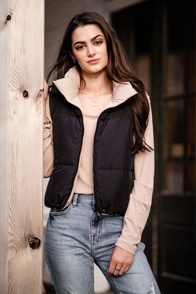 001-Lifestyle-Love-Tree-Cropped-Reversible-Puffer-Vest-for-Women-in-Black-Beige_grande.jpg Love Tree Cropped Reversible Puffer Vest for Women in Black/Beige
