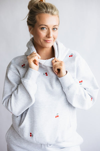 1897 Active Embroidered All Over Print Cherry Hoodie for Women in Grey