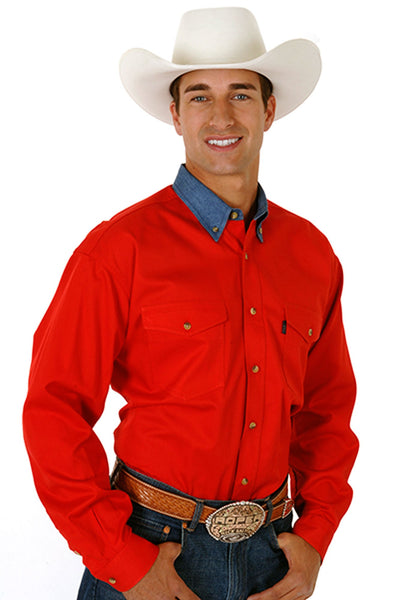 0600108120160_grande.jpg Roper Mens Basics Red 100% Cotton L/S Tall Denim Contrast Western Shirt