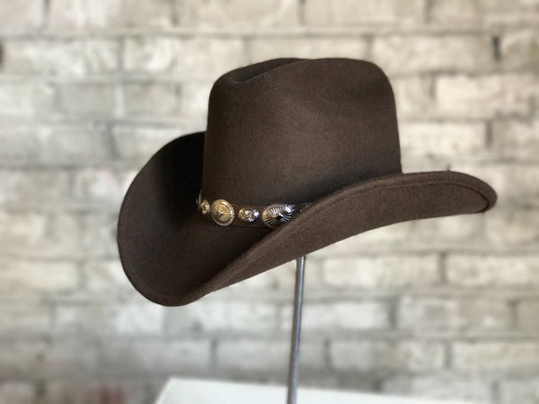 1899-1-BRN-1-hr_grande.jpg Rockmount Mens Brown Felt Cowboy Concho Magic Pinch Hat