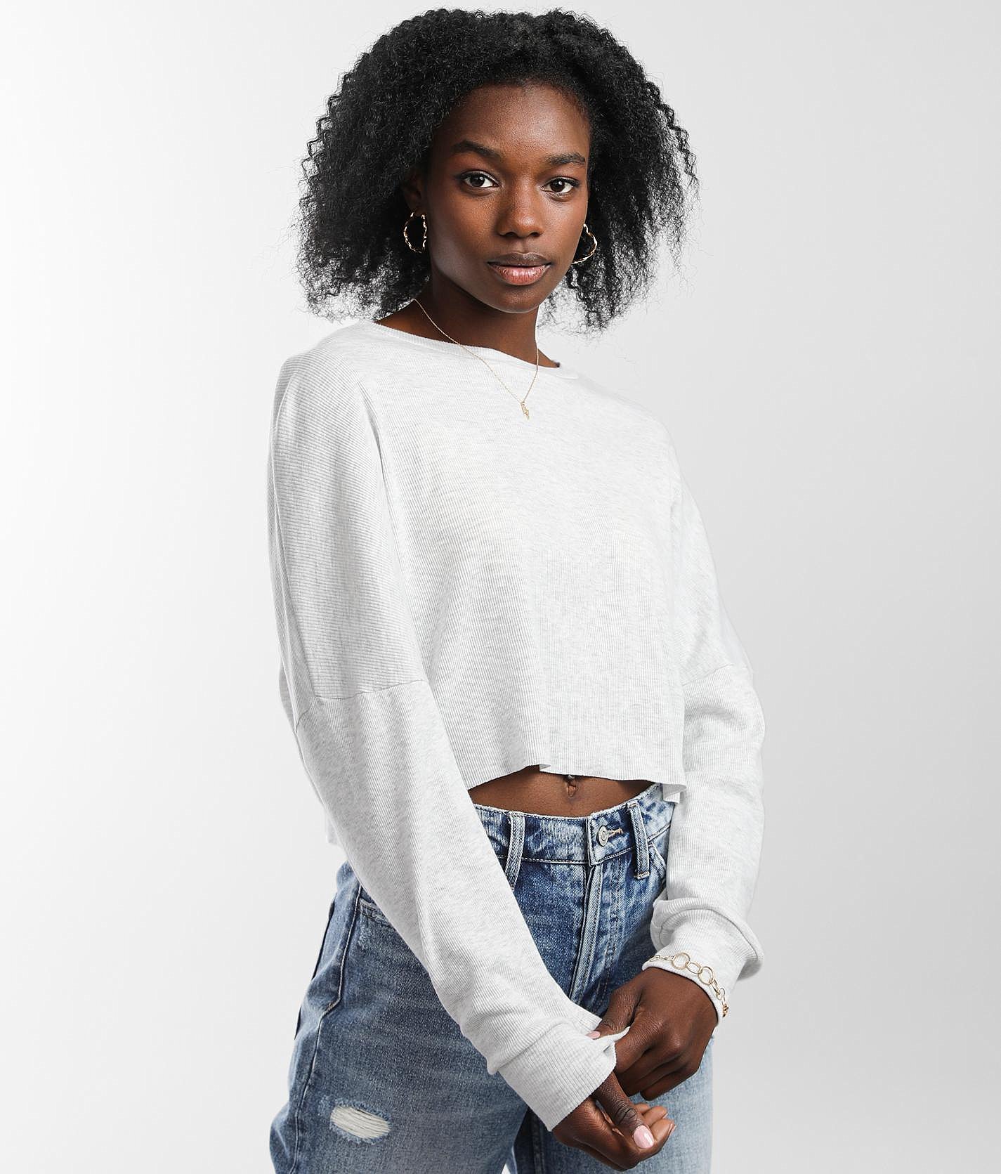 26efb98d8785a1d57fd8ec2bda573955v3.jpg FITZ + EDDI Raw Edge Cropped T-Shirt - Women's T-Shirts in Light Heather Grey