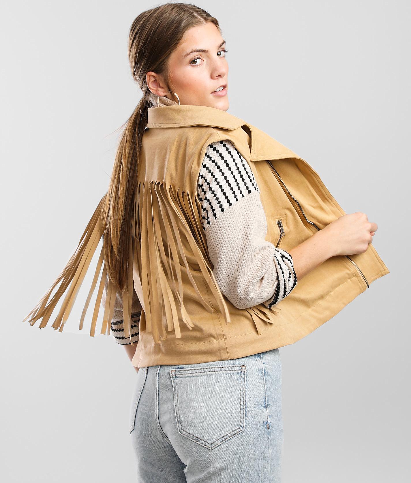 Miss Me Asymmetrical Fringe Vest - Women's Coats & Jackets in Taupe Beige