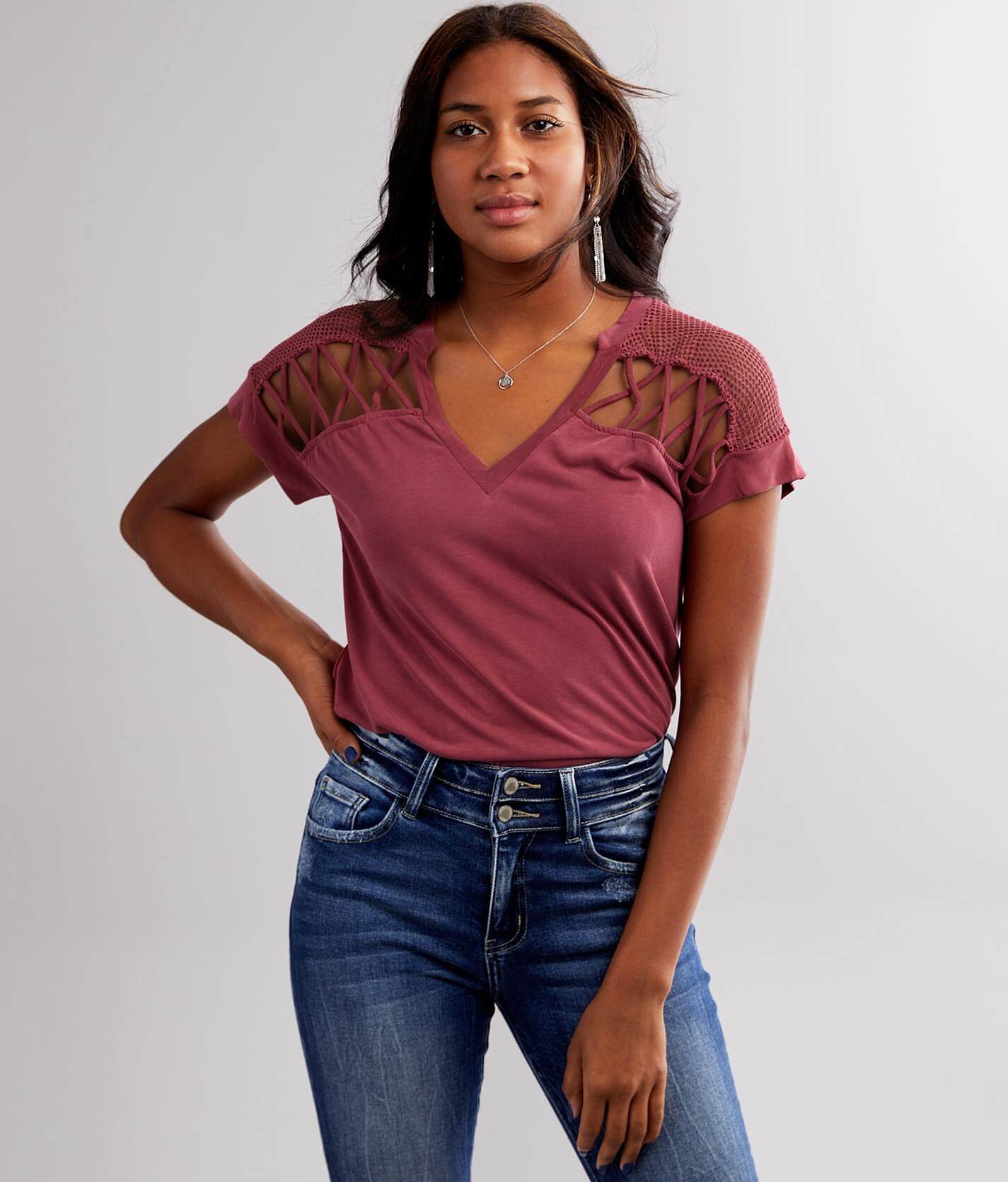 3522e8c7febda77b6a3bf2f7296e4ed6v3.jpg Daytrip Pieced Mesh Top - Women's Shirts & Blouses in Cordovan