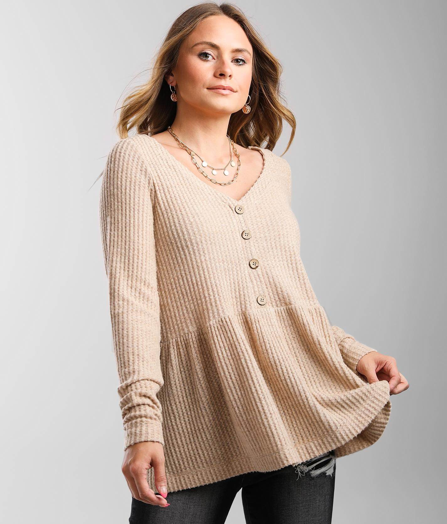 49524df97b9aea7b1c52e31cc35ba76av3.jpg Daytrip Brushed V-Neck Babydoll Top - Women's Shirts & Blouses in Oatmeal