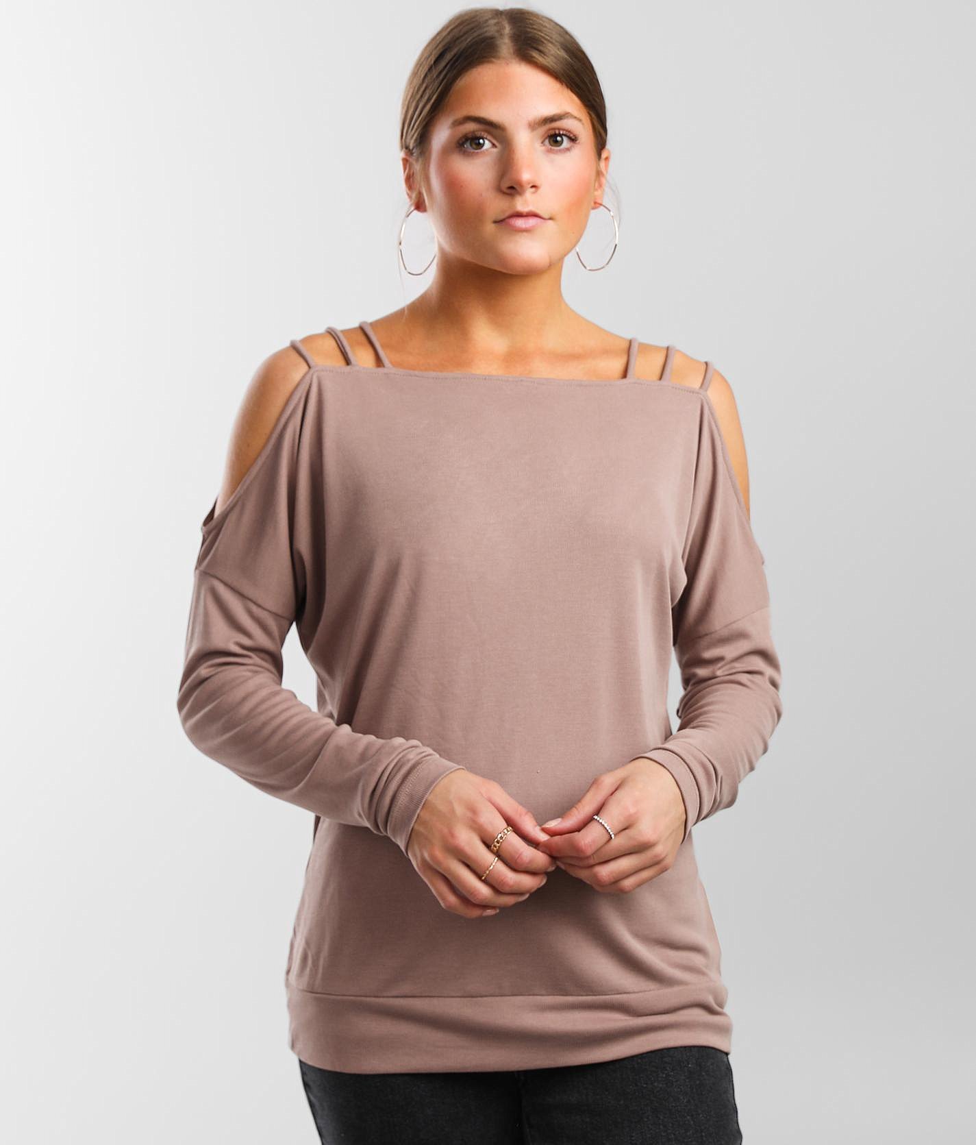 604ba4b918f5c943fc8c707c4f6a3235v3.jpg Buckle Black Strappy Cold Shoulder Top - Women's Activewear in Antler