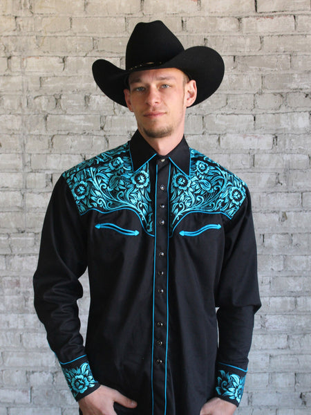 6859-BLK-TUR-1_grande.jpg Rockmount Mens Black/Turquoise 100% Cotton Vintage Tooling Western L/S Shirt