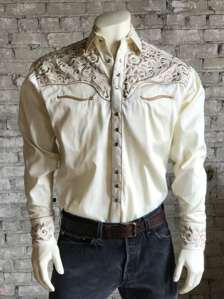 6859-IVO-TAN-1_grande.jpg Rockmount Mens Ivory/Tan 100% Cotton Vintage Tooling Western L/S Shirt
