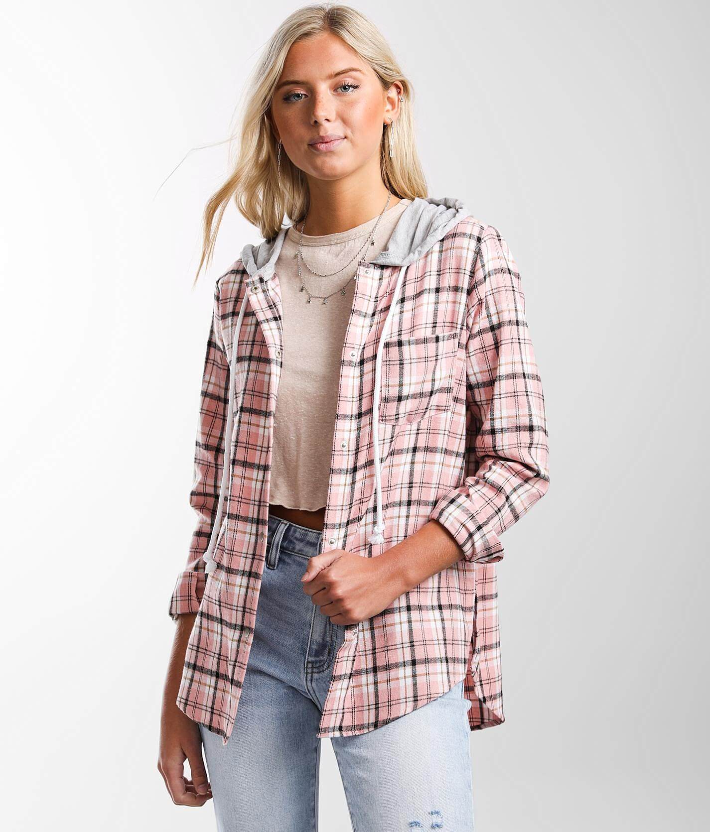 7a66129fb12a02ec0facd839bfa6d24ev3.jpg BKE Hooded Flannel Plaid Shirt - Women's Shirts & Blouses in Pink Multi