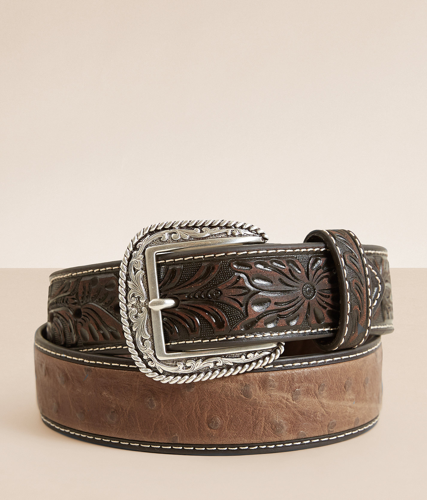 91607259ec893ec581145995175f0997v3.jpg Ariat Embossed Leather Belt - Men's Belts in Brown