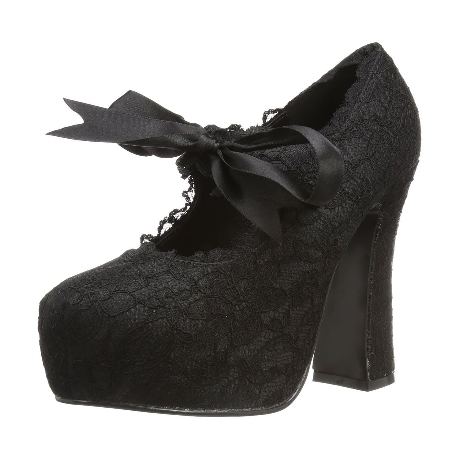 DEMON11-B-MAIN.jpg DEMONIA Women's Sexy 5" Chunky Heel Black Satin & Lace Mary Jane Heels
