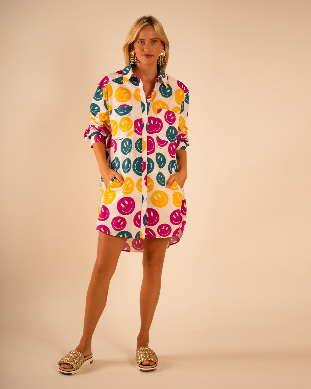PresliePoplinShirtDressAllOverSmiley.jpg Preslie Poplin Shirt Dress All Over Smiley