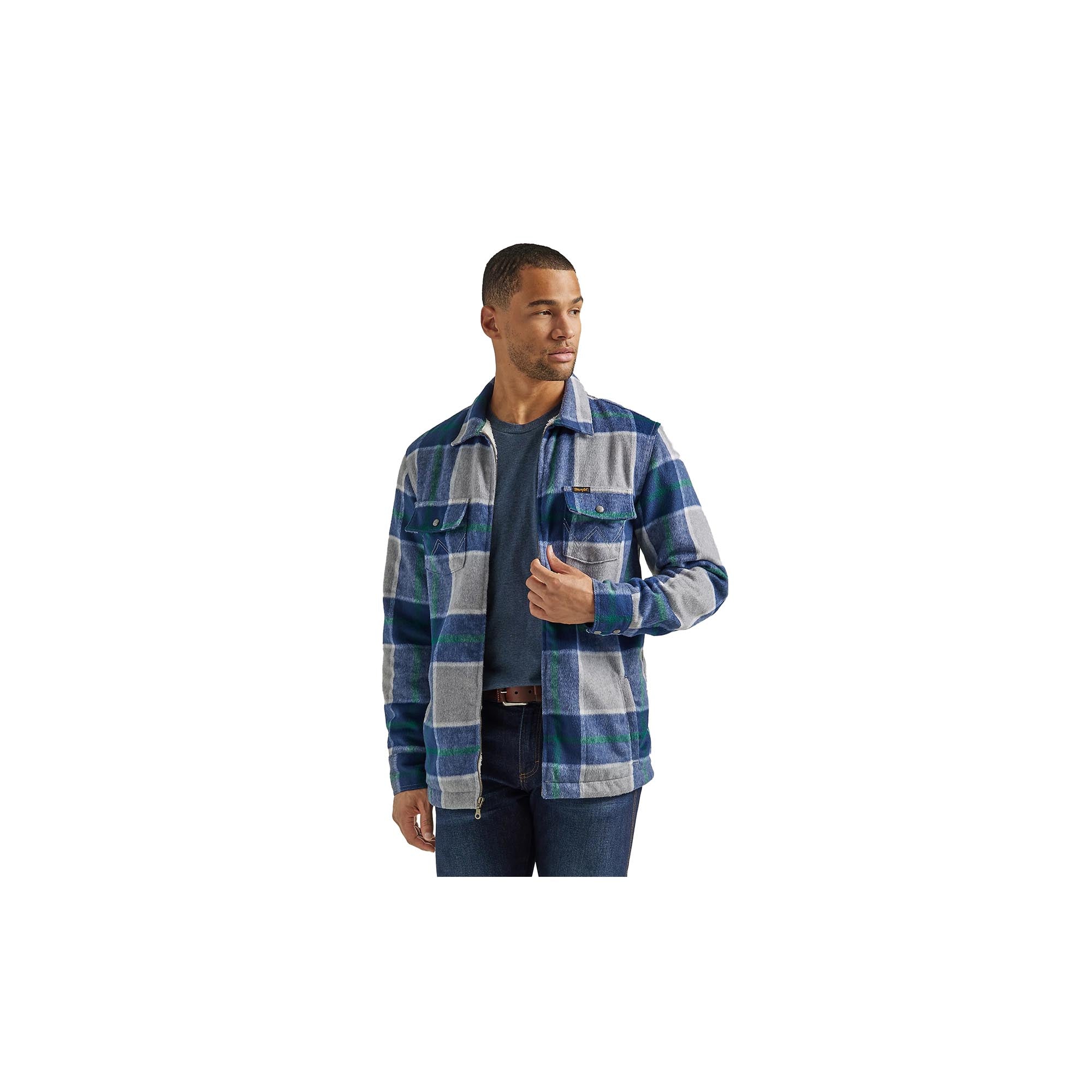 SH-86739-B.jpg Wrangler Zipper Flannel Shirt Jacket Sherpa Lined Pebble