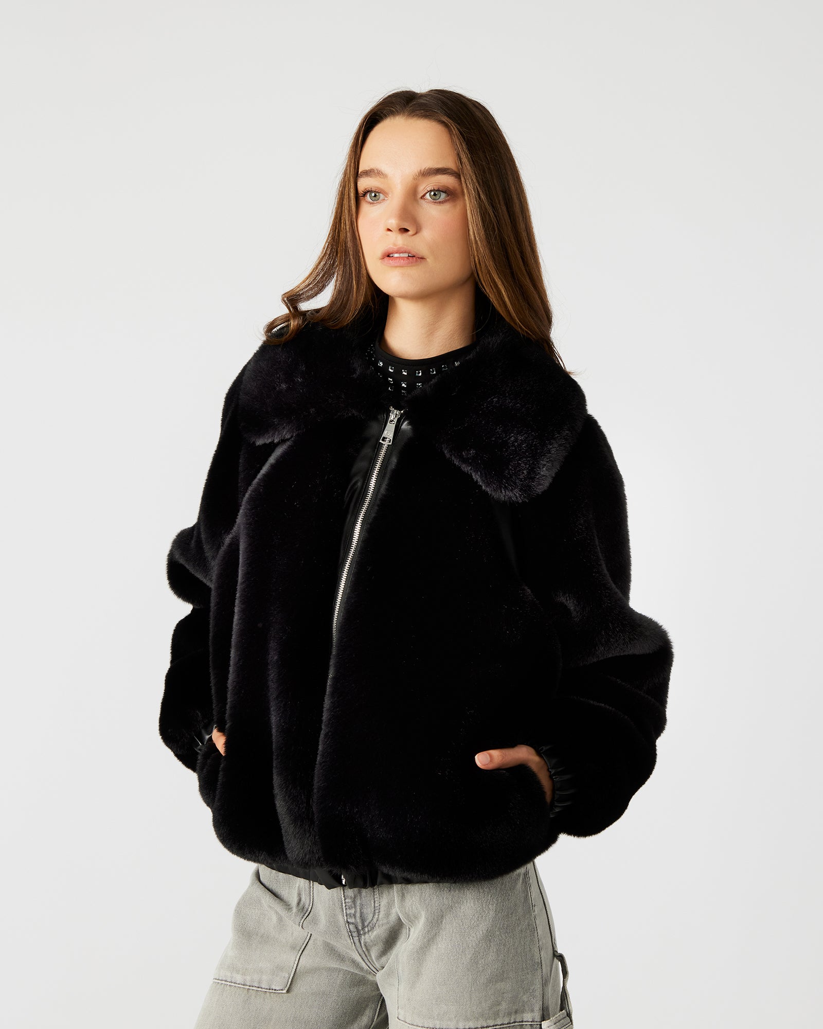 STEVEMADDEN_APPAREL_BO400795_BLACK_0029.jpg ZEPHRINE Jacket Black | Women's Long-Sleeved Furry Jacket