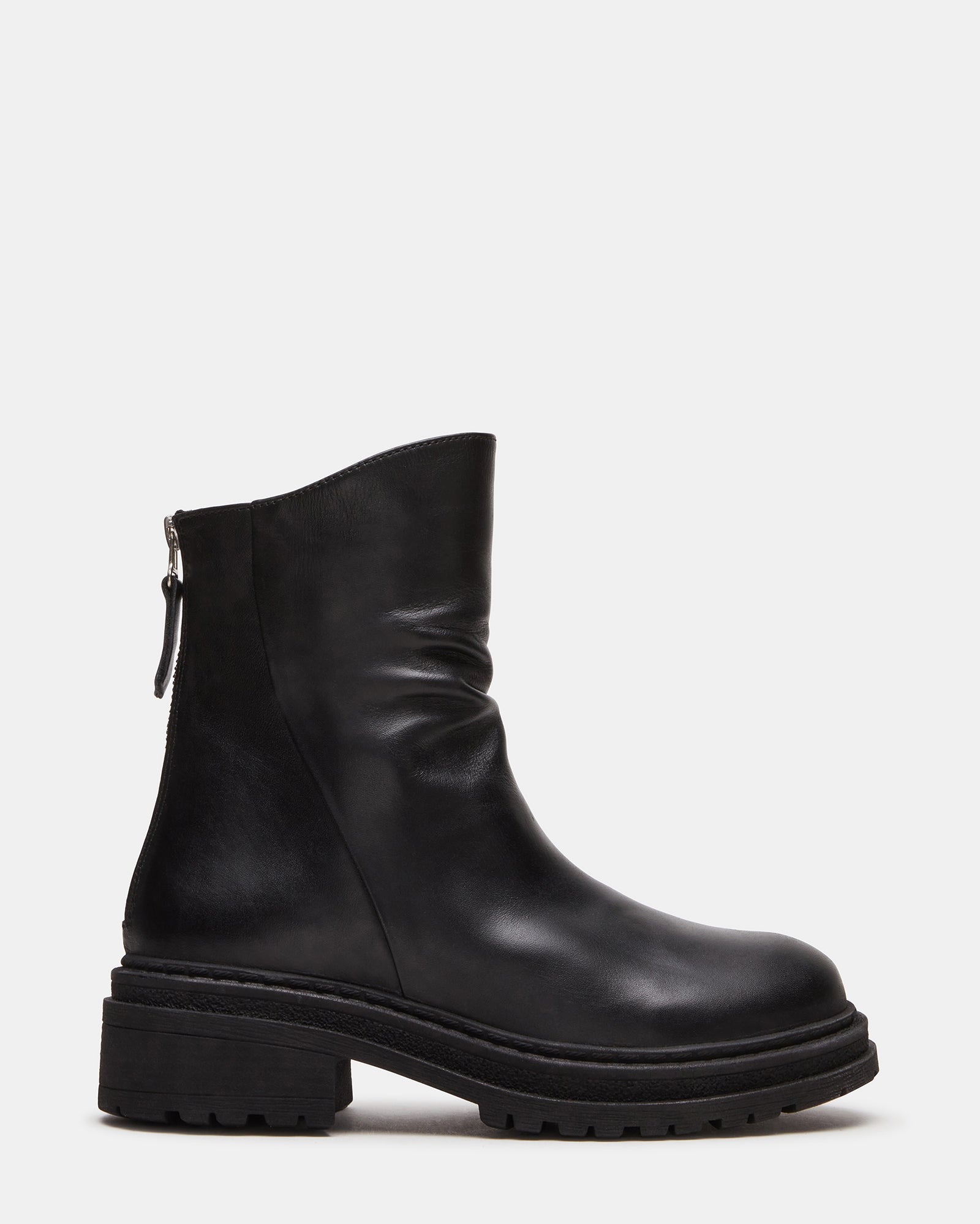 STEVEMADDEN_SHOES_ESSENTIAL_BLACK-LEATHER_01.jpg ESSENTIAL Black Leather Scrunched Ankle Boot | Women's Booties