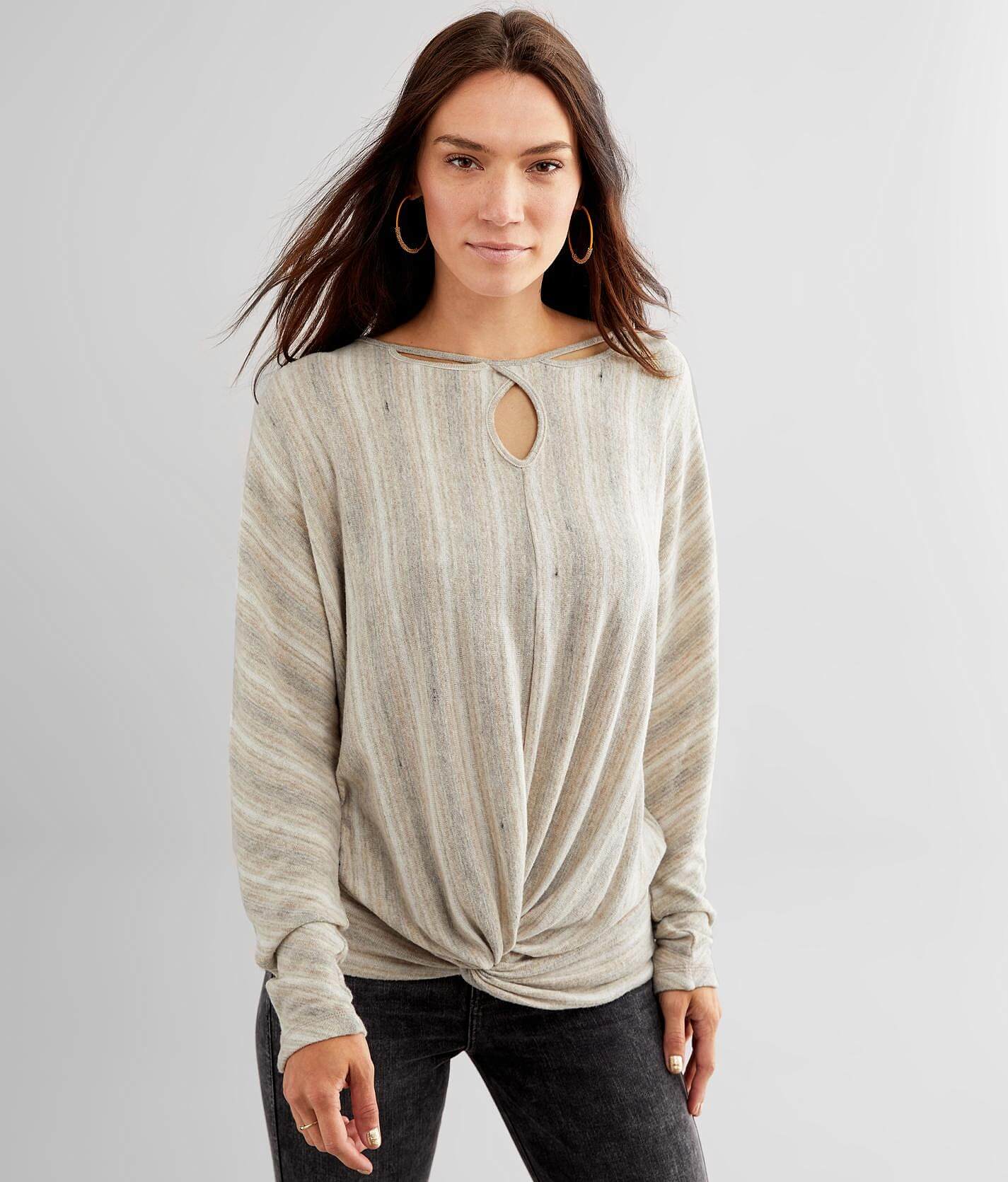 a50c6f548360c538cbe488936339da9av3.jpg Buckle Black Striped Keyhole Dolman Top - Women's Shirts & Blouses in Multi
