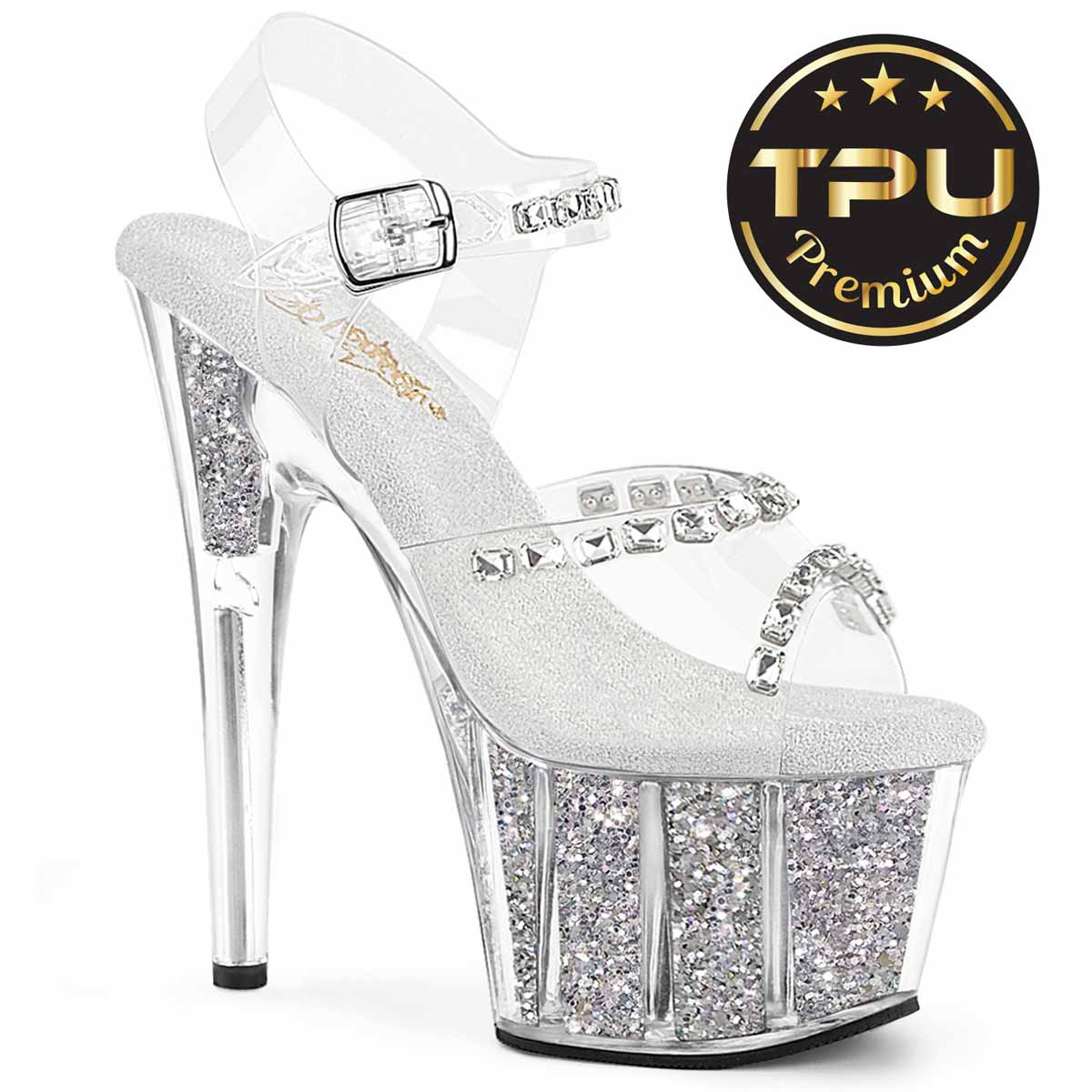 ADORE-708PREM-STNG, 7" Ankle Strap Sandal with Crystal Rhinestones and Glitter Insert