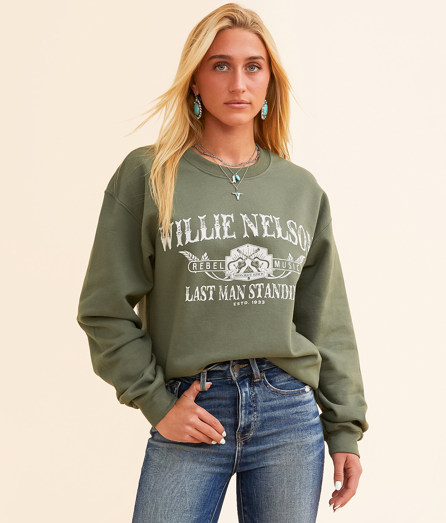 Zion Rootswear Willie Nelson Oversized Band Pullover - Women's Sweatshirts in Military Green