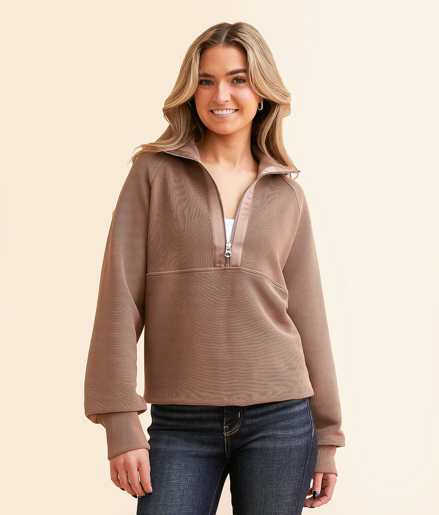 Varley Lismore Half Zip Sweat Pullover - Women's Activewear in Deep Taupe