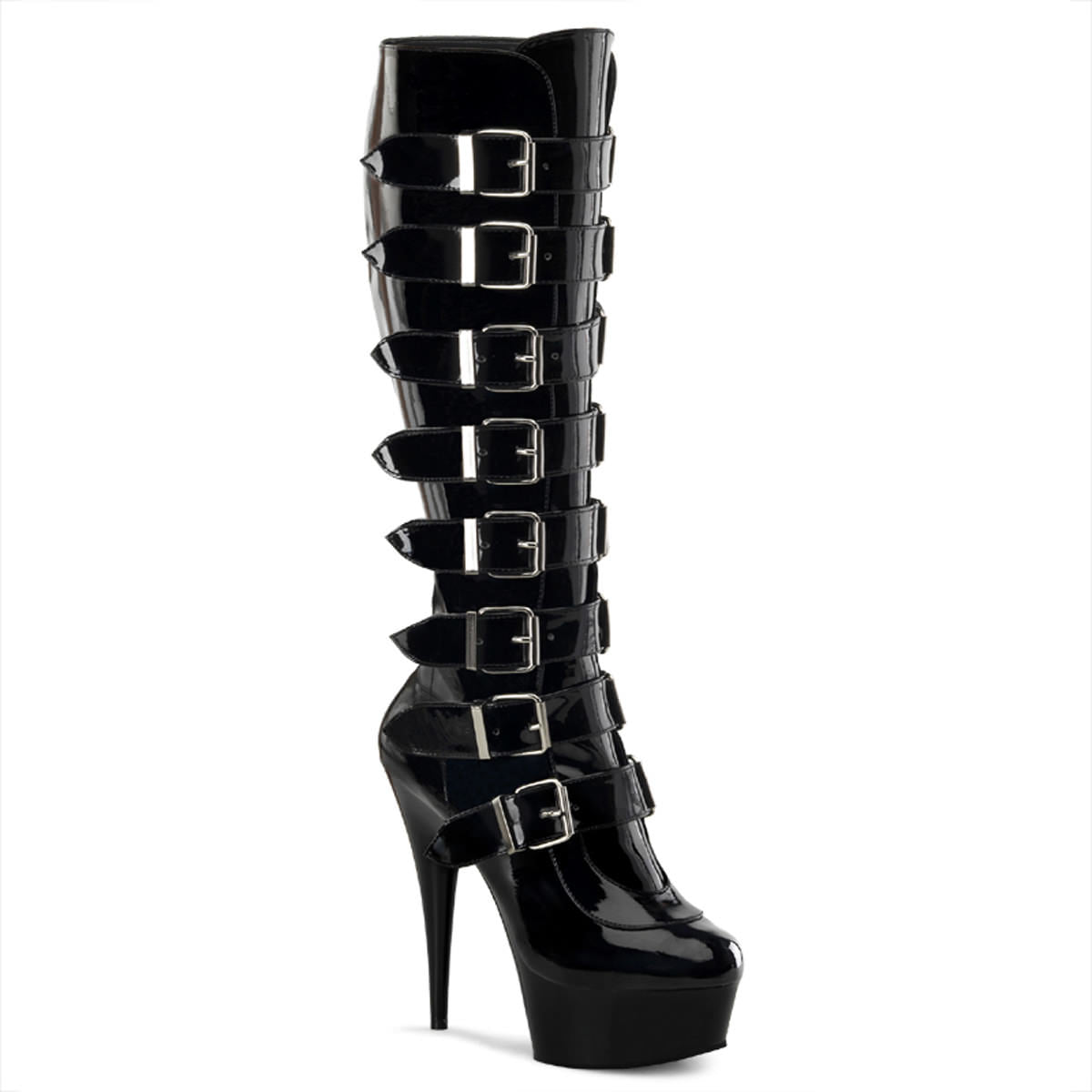 delight-2049-b.jpg PLEASER DELIGHT-2049 Black Pat Platform Knee Boot Featuring Buckles