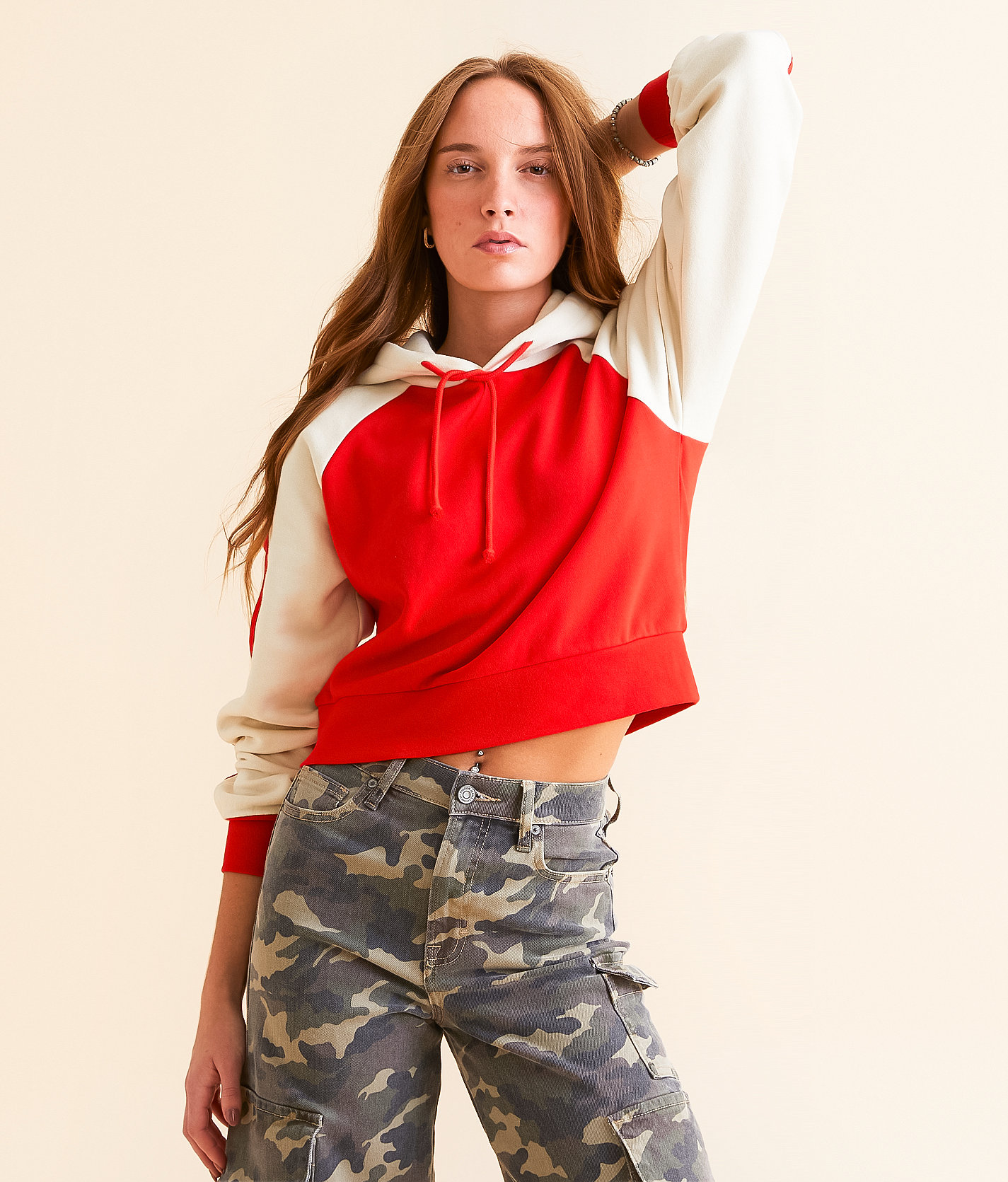 FITZ + EDDI Cropped Raglan Sleeve Hooded Sweatshirt - Women's Sweatshirts in High Risk Red