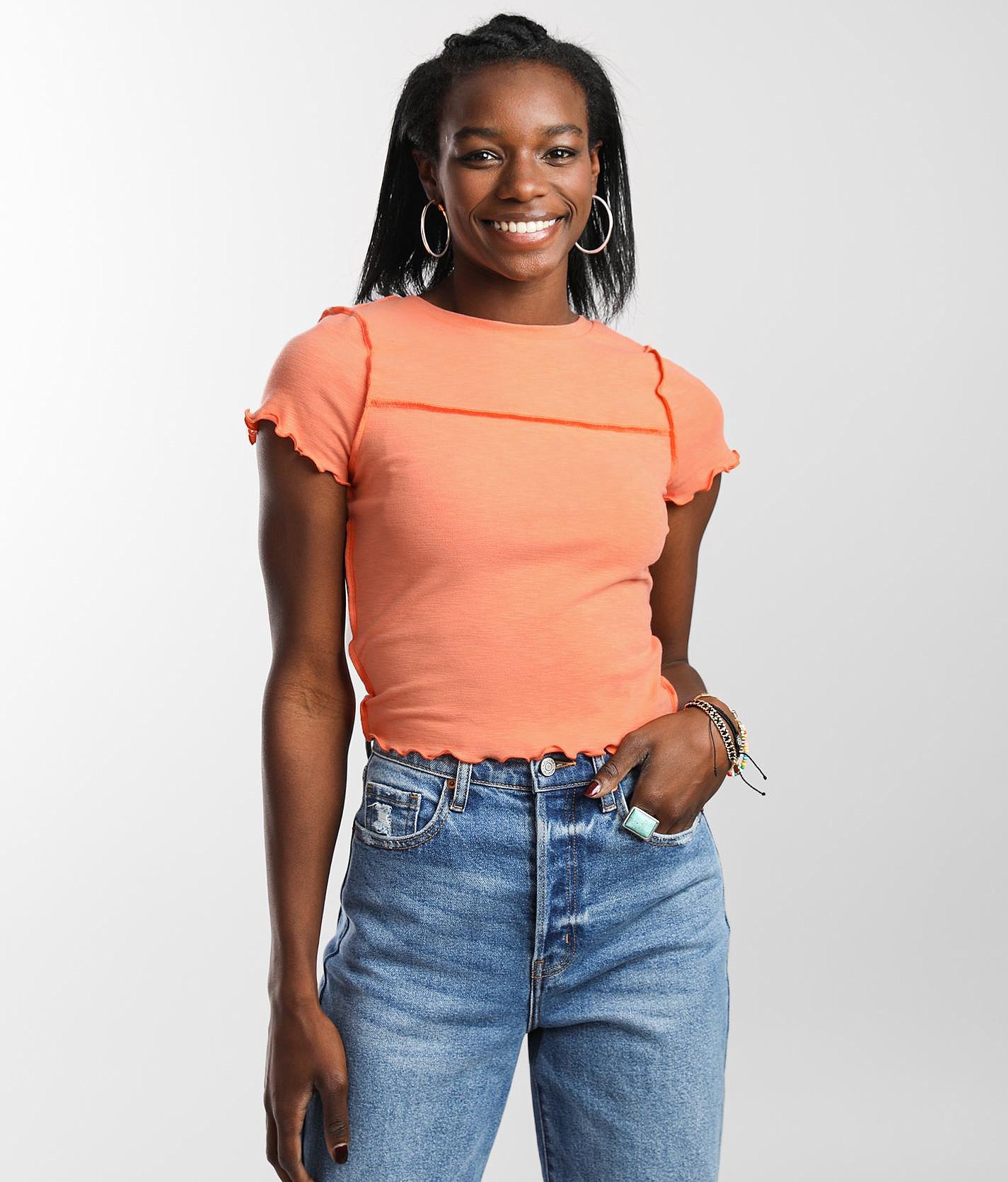 FITZ + EDDI Lettuce Trim Cropped Top - Women's Shirts & Blouses in Coral