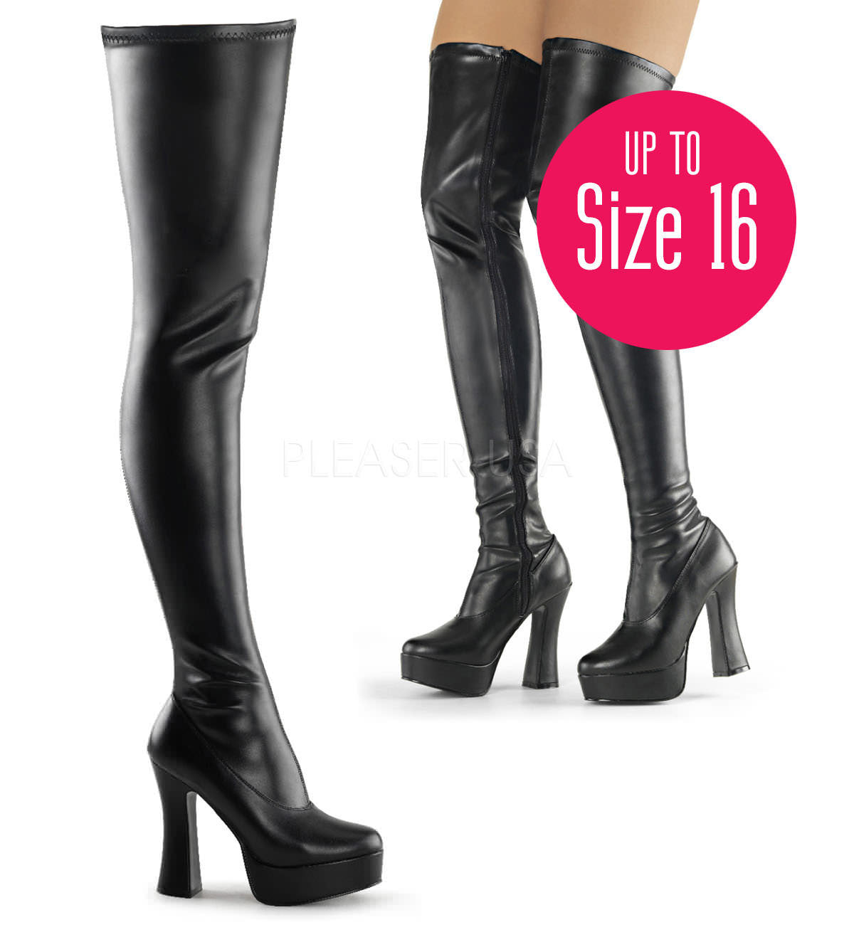 electra-3000z-bpu.jpg PLEASER ELECTRA-3000Z Black Stretch Pu-Black Matte Thigh High Boots