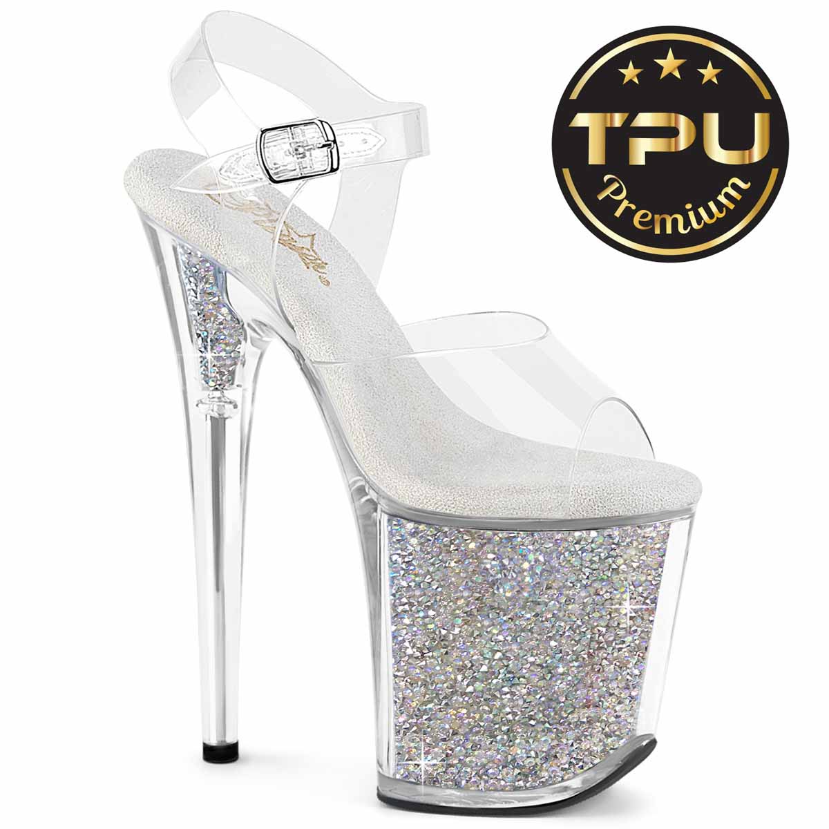 flamingo-808prem-rsi-crs__66897.1744299652.jpg FLAMINGO-808PREM-RSI, 8" Ankle Strap Sandal with Clear Soft Strap and Rhinestones Insert in Platform