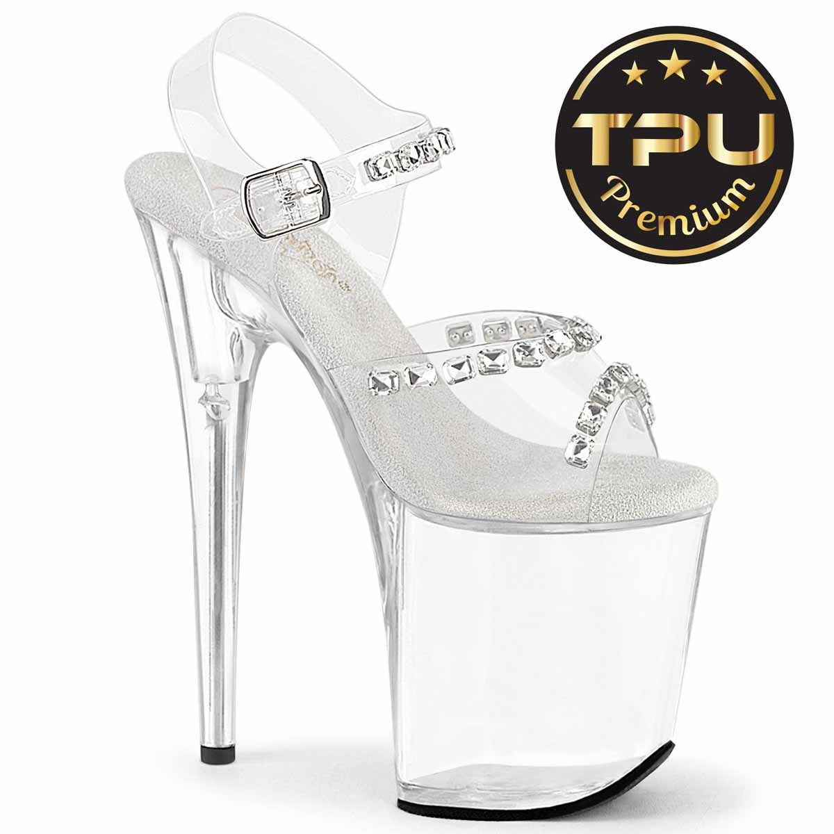 flamingo-808prem-stn-c__25027.1744299454.jpg FLAMINGO-808PREM-STN, 8" Ankle Strap Sandal with Clear Soft Strap and Crystal Rhinestones