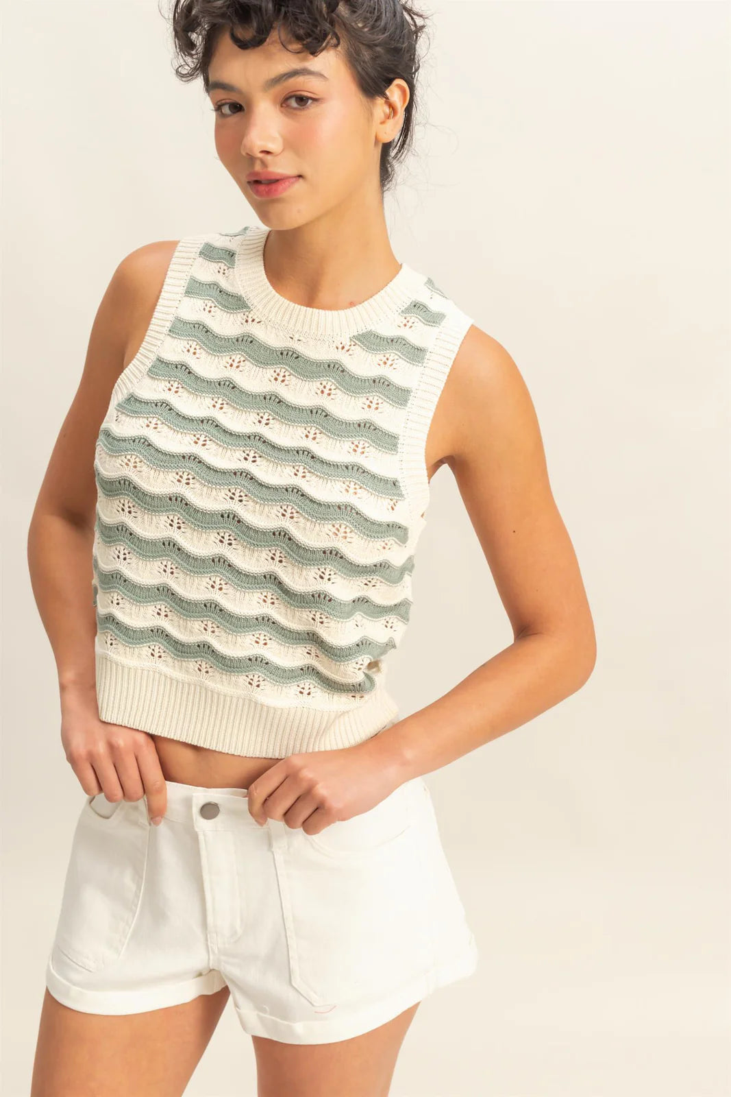 Ladies Double Zero Wavy Pattern Knit Sleeveless Top - DZ25A959