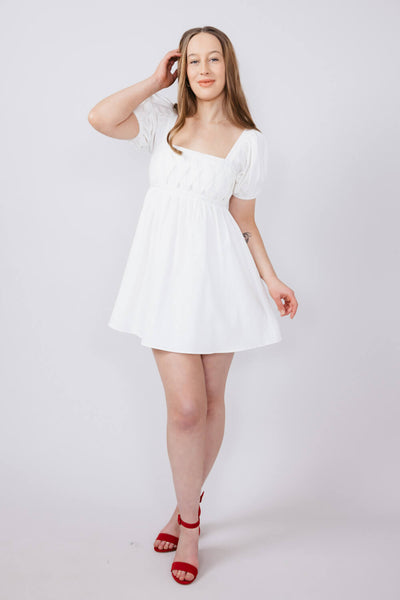 Square Neck Puff Sleeve Dress for Women in White